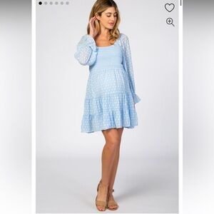 PinkBlush light blue smocked polka dot long sleeve maternity dress